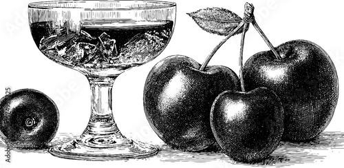 Vintage manhattan coupe with cherries and ice in engraved style for classic cocktail design