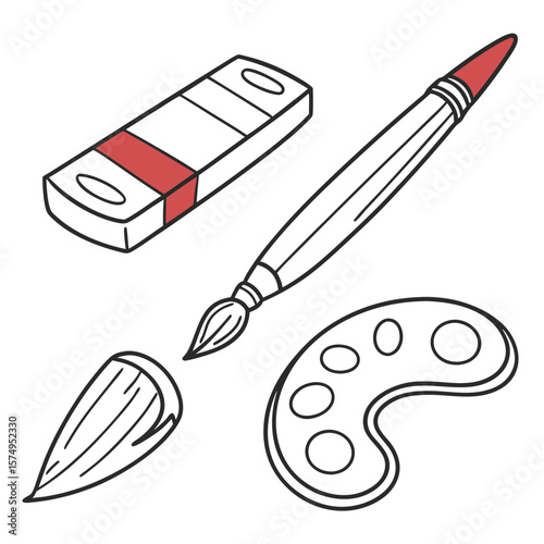 Art supplies including a brush, palette, and eraser