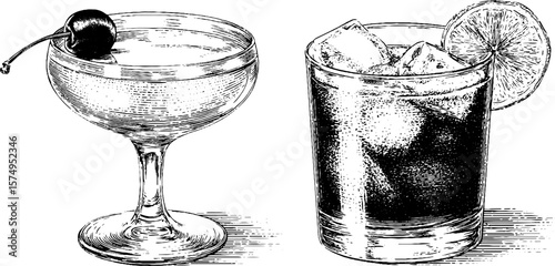 Vintage drinkware art featuring manhattan coupe and classic beverage glass