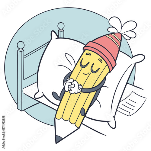 A sleepy pencil character rests in bed with pillows