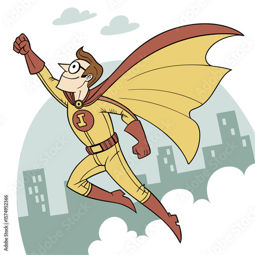 A superhero man flies through the city sky