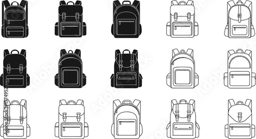 Backpacks vector illustration set, school bags and travel rucksacks in black and white outline design