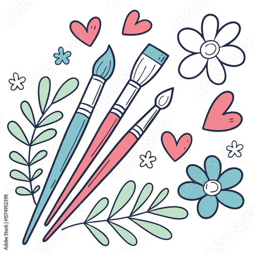 Artistic paintbrushes with flowers and hearts, symbolizing creativity