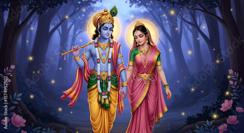 Divine artwork of Krishna playing flute with Radha walking beside him in serene forest surrounded by glowing lights ideal for Radhashtami and Janmashtami celebration