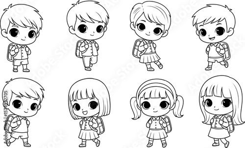 Back to school coloring page for kids with students carrying backpacks in outline vector illustration