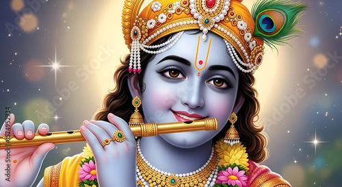Beautiful closeup illustration of Lord Krishna smiling while playing flute with divine glow and peacock feather crown perfect for Janmashtami Holi and spiritual festivals
