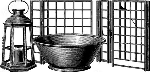 Vintage engraved metal lantern and bowl with grid panels for decor and design