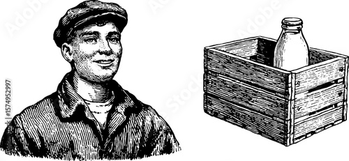 Vintage milk delivery theme with engraved milkman and crate drawing for retro design
