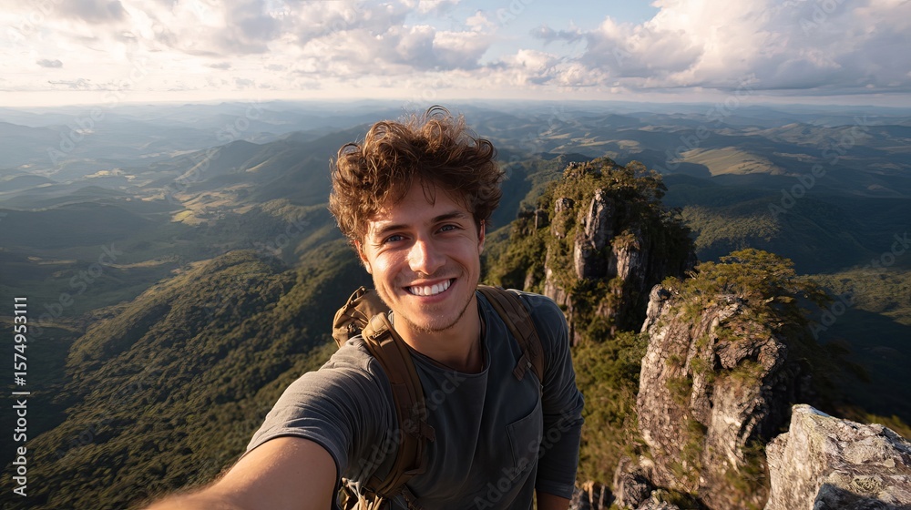 Naklejka premium Young man takes a scenic selfie from a mountaintop overlooking vast, lush green valleys, creating a memorable experience.