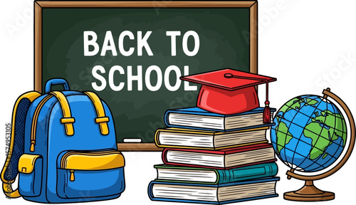 Back to school supplies illustration with backpack books globe and chalkboard for education concept art