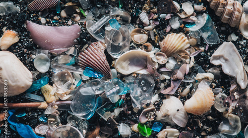 Top view of micro-plastics among seashells