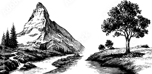 Engraved mountain and river landscape art for design projects