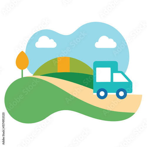 delivery truck driving on country road doodle