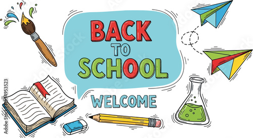 Back to school illustration welcome education learning supplies art and craft design for students kids