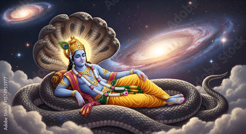 Illustration of Lord Vishnu resting on Sheshnag in cosmic universe surrounded by galaxies divine aura suitable for Janmashtami Gopashtami Radhashtami festival celebration