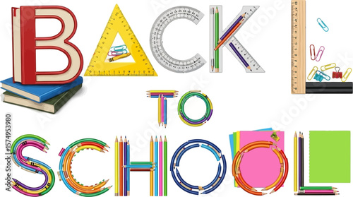 Back to school supplies concept with books pencils ruler and protractor for education and learning design