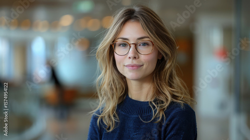 Half-length portrait of a 35-year-old woman wearing glasses and a blue sweater, smiling gently and looking at the camera. She stands in a softly lit office at late evening with a blurred background․