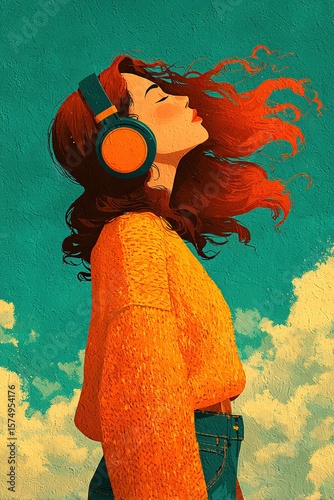A vibrant illustration of a woman enjoying music in the clouds