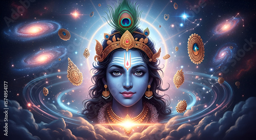 Stunning digital artwork of Lord Krishna with glowing face divine ornaments surrounded by galaxies constellations and cosmic light ideal for Janmashtami Radhashtami Holi