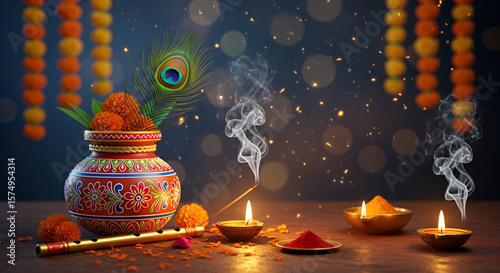 Decorative Indian festive clay pot with marigold flowers peacock feather diya incense flute and kumkum powder glowing lights background perfect for Janmashtami Diwali Holi Navratri and spiritual 