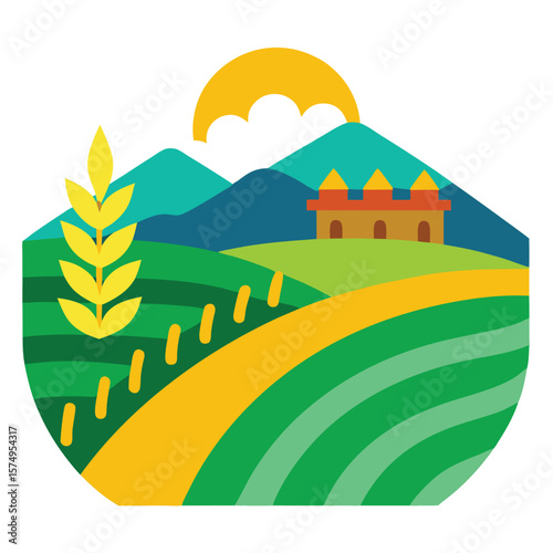 agriculture scene with rice fields doodle drawing