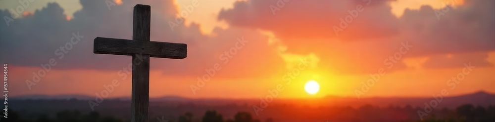 Fototapeta premium A rustic wooden cross stands against a blurred sunset, conveying serenity and the enduring power of Christian love , christianity, forgiveness
