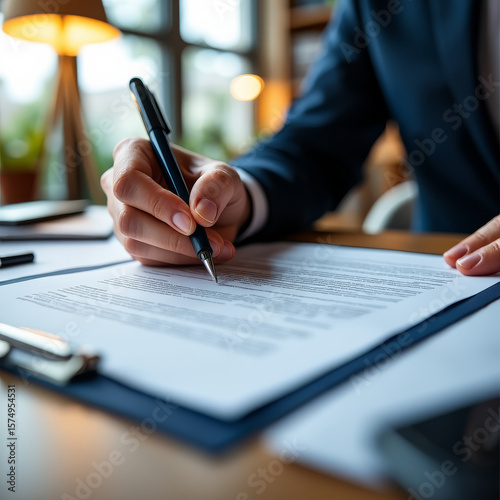 A person signs a business contract with a pen on a desk