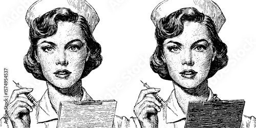 Vintage nurse engraving with cap and syringe - retro medical artwork for posters