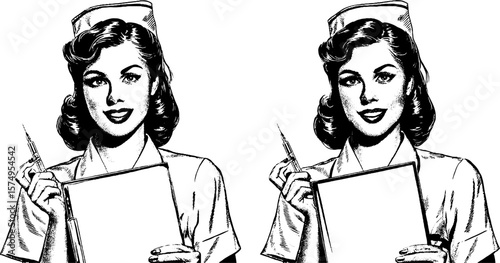 Vintage style engraved nurse illustrations with cap and syringe for healthcare design