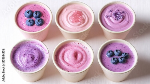 Colorful Blueberry Yogurt Cups Creative Arrangement for Healthy Food Promotion, Restaurant Menu, Dessert Advertisement, Breakfast Marketing, Nutrition Drink Design