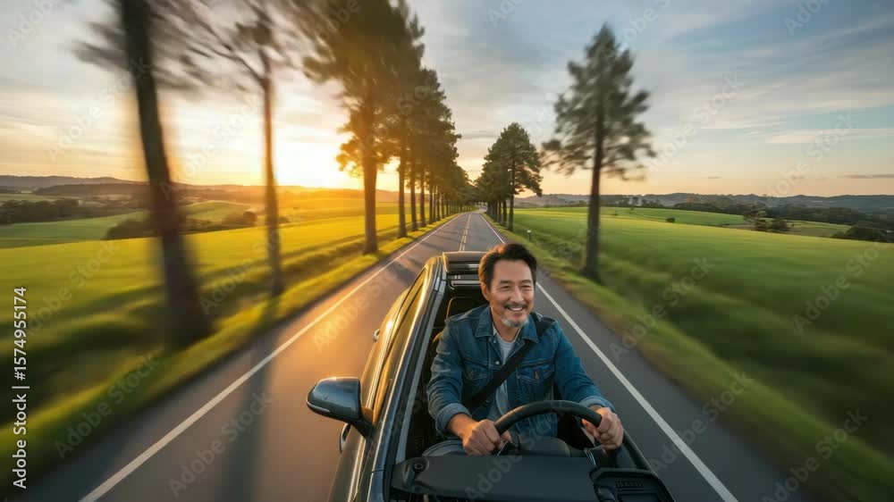 Man driving car on country road at sunset Man driving car on country road at sunset