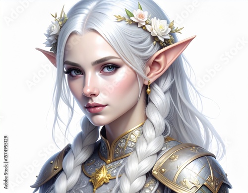 Portrait of a beautiful elf with white hair wearing armor and a flower crown on a white background
