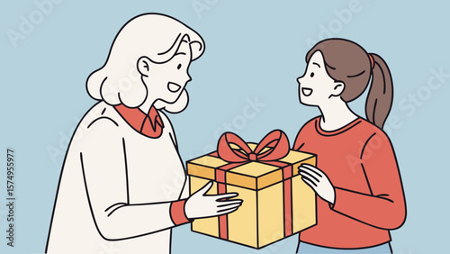 Mother daughter gift exchange illustration for birthday present giving celebration and holiday occasion