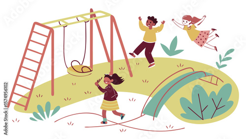 Children playing at the playground vector illustration for kids activities and outdoor fun design concept