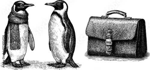 Charming engraved penguins with scarf and vintage briefcase design for winter art prints