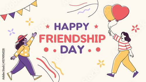 Happy friendship day celebration with friends and balloons vector illustration design concept art image