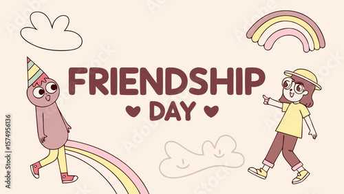 Happy friendship day cartoon illustration of friends celebrating with rainbow and party hats vector art