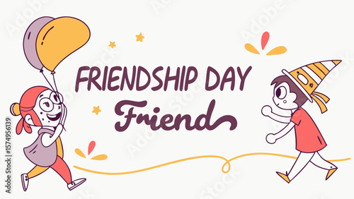 Friendship day illustration with friends balloons party hat and stars celebrate best friends forever