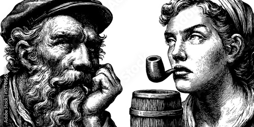 Vintage engraving of philosophical reflection and pipe smoking portrait