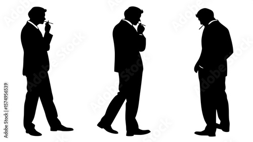 "Silhouetted graphic illustration of three men in dark suits, each standing in a different angle, smoking cigarettes with smoke visible. Full-body figures on a stark white background, clean and symmet