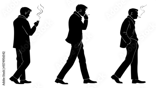 "Silhouetted graphic illustration of three men in dark suits, each standing in a different angle, smoking cigarettes with smoke visible. Full-body figures on a stark white background, clean and symmet