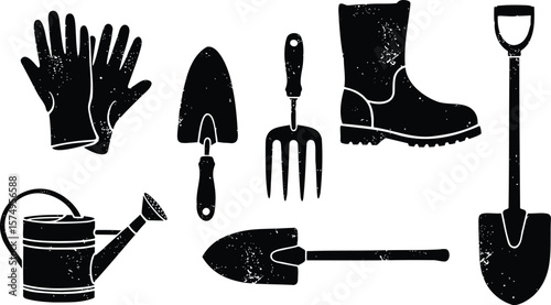 Black and white gardening tools illustration distressed texture gardening gloves boots trowel fork spade watering can rustic farmhouse style