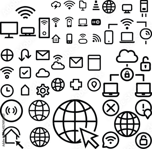 Collection of Black Wireless Technology Icons Computer Network Symbols Internet Globe Email Cloud Download Upload