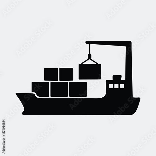 Silhouette cargo ship with containers being loaded vector illustration