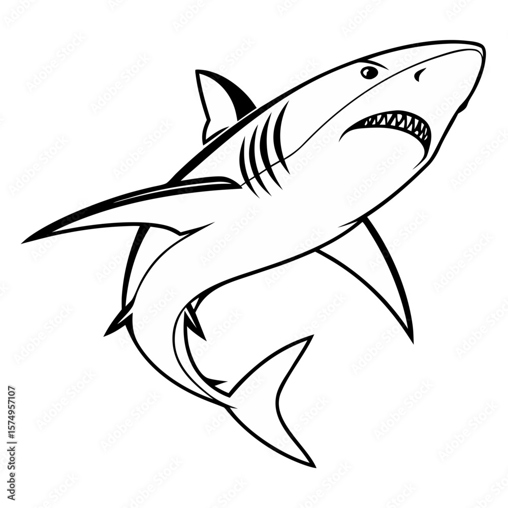 Fototapeta premium Fierce shark illustration, showcasing sharp teeth and dynamic movement, swimming through ocean waters, representing strength and power in marine life and aquatic ecosystems