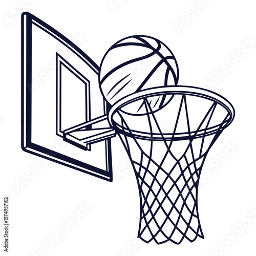 Basketball illustration featuring a ball in mid-air above a hoop, showcasing the dynamic moment of scoring, emphasizing the excitement of the game and athleticism involved in sports