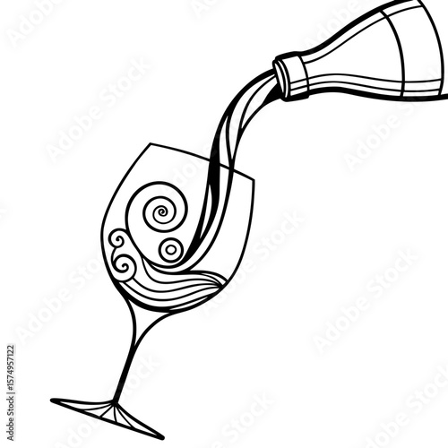 Illustration of a wine glass with swirling liquid being poured from a bottle, showcasing fluid motion and artistic design elements in a minimalist style