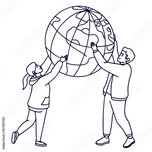 Two individuals, one male and one female, are lifting a globe together, symbolizing teamwork and collaboration in a minimalist line art illustration, showcasing unity and global awareness