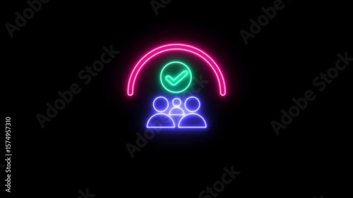 Neon Users concept line icon with chick mark, team project glowing icon. Management Business Team Leader Sign shying on black background.