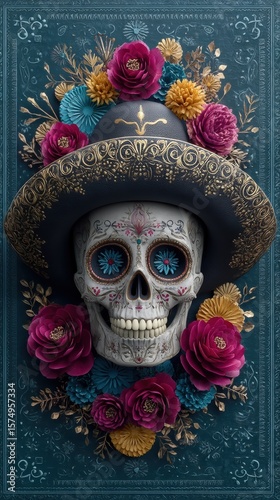 Ornate sugar skull with traditional decorations for celebrations